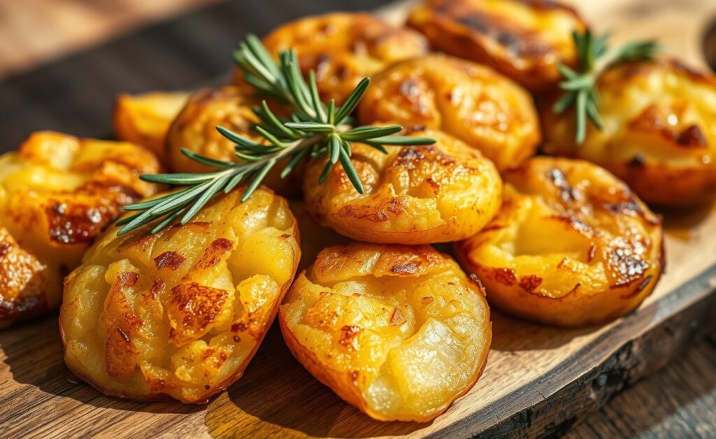 Batata Ao Murro assada com casca crocante e dourada, servida em travessa de madeira com ramos de alecrim