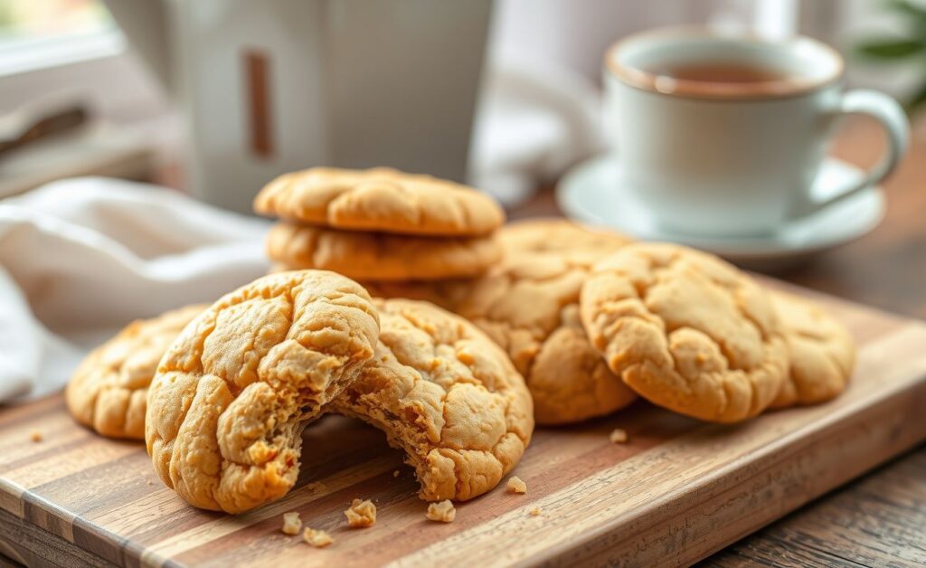 Biscoitinho de farinha de arroz caseiro, dourado e crocante, disposto em uma tábua de madeira rústica