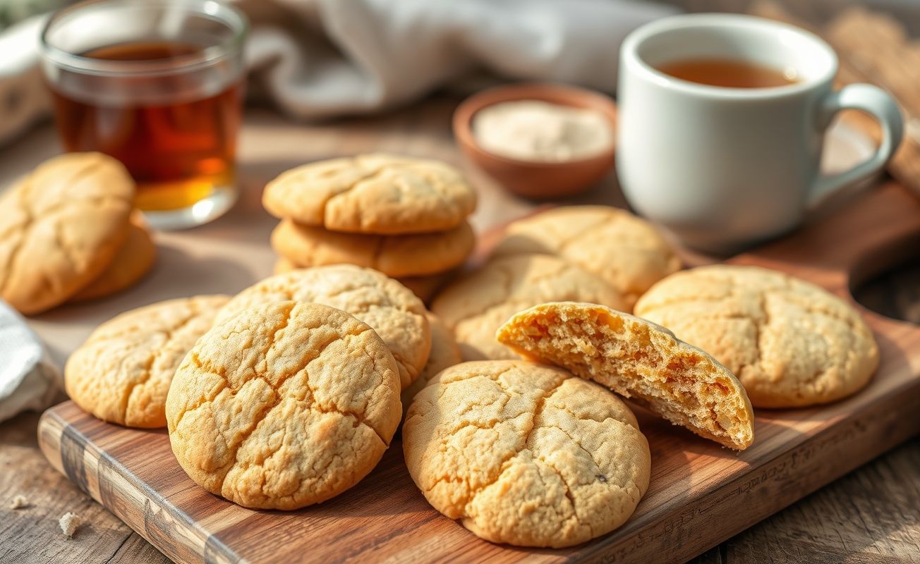 Biscoitinho de farinha de arroz caseiro dourado e crocante, disposto em tábua de madeira rústica