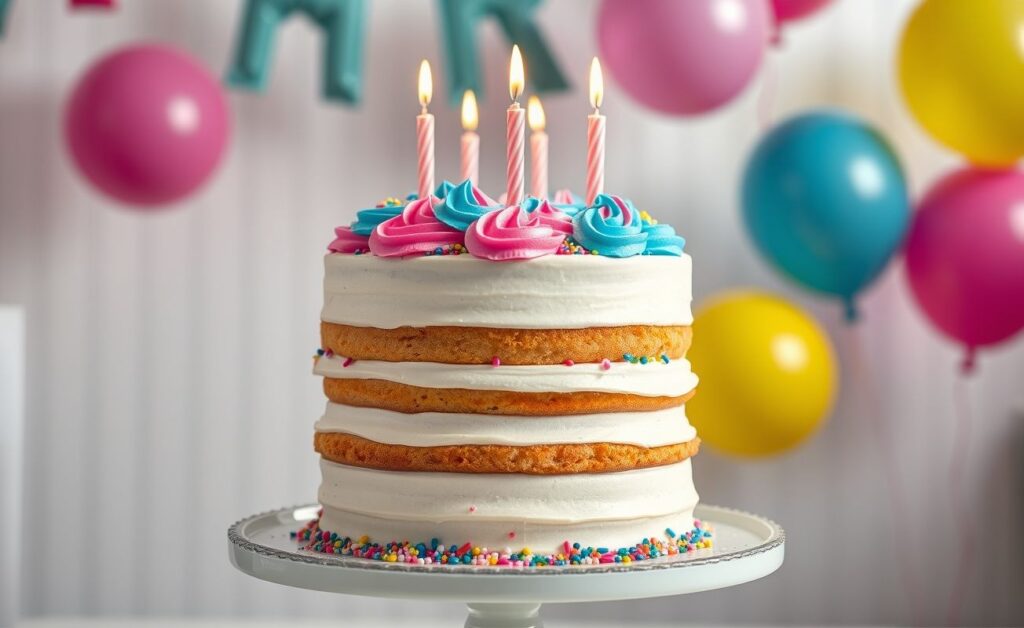 Bolo Aniversário decorado com cobertura colorida e confeitos, em camadas sobre base elegante, pronto para servir em festas