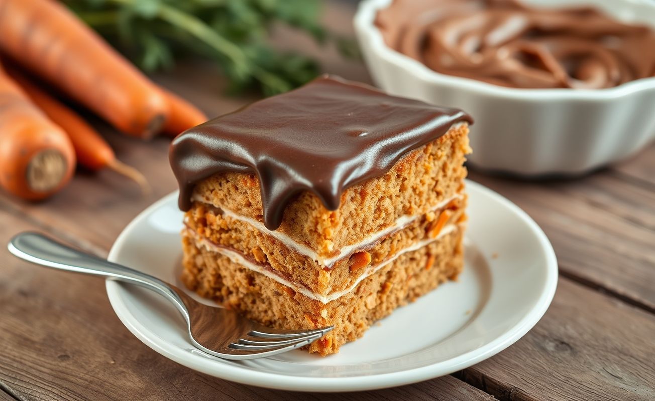 Fatia de Bolo Cenoura Fofinho com cobertura de chocolate cremosa, mostrando textura úmida e aerada, decorada com raspas de chocolate