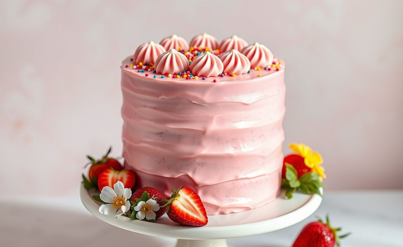 Bolo De Aniversário Feminino rosa de três camadas com cobertura lisa e decoração delicada em chocolate branco e confeitos coloridos