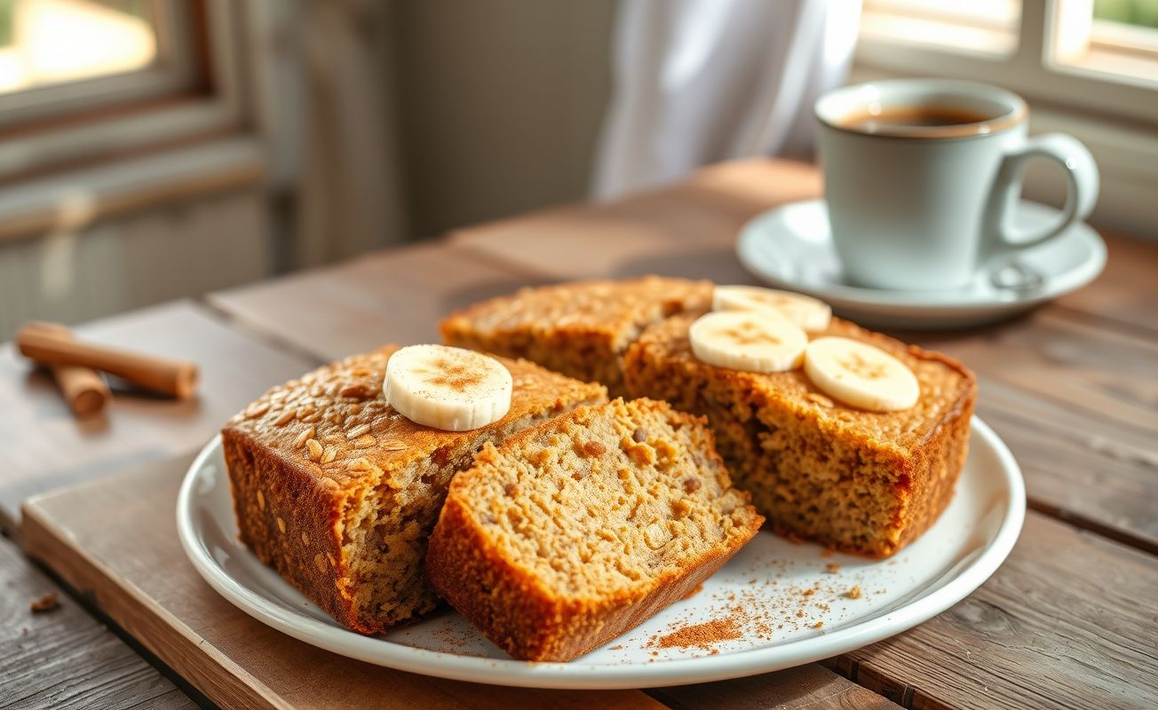 Bolo de banana com aveia sem fermento assado, dourado e fatiado, decorado com rodelas de banana e canela em pó