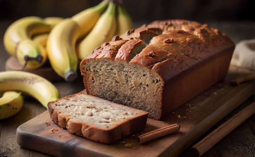 Bolo de Banana recém-assado com casca dourada e interior úmido, decorado com fatias de banana e canela em pau.