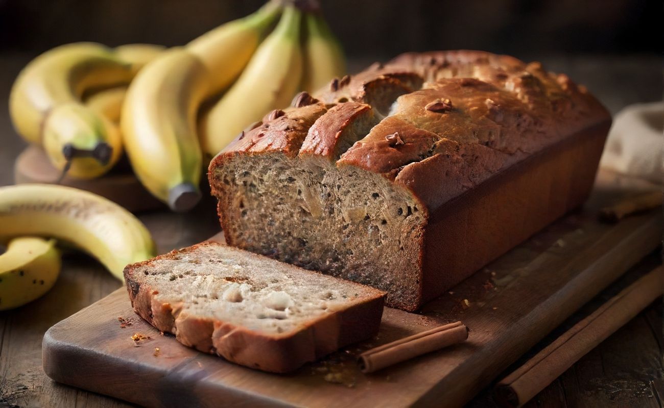 Bolo de Banana recém-assado com casca dourada e interior úmido, decorado com fatias de banana e canela em pau.