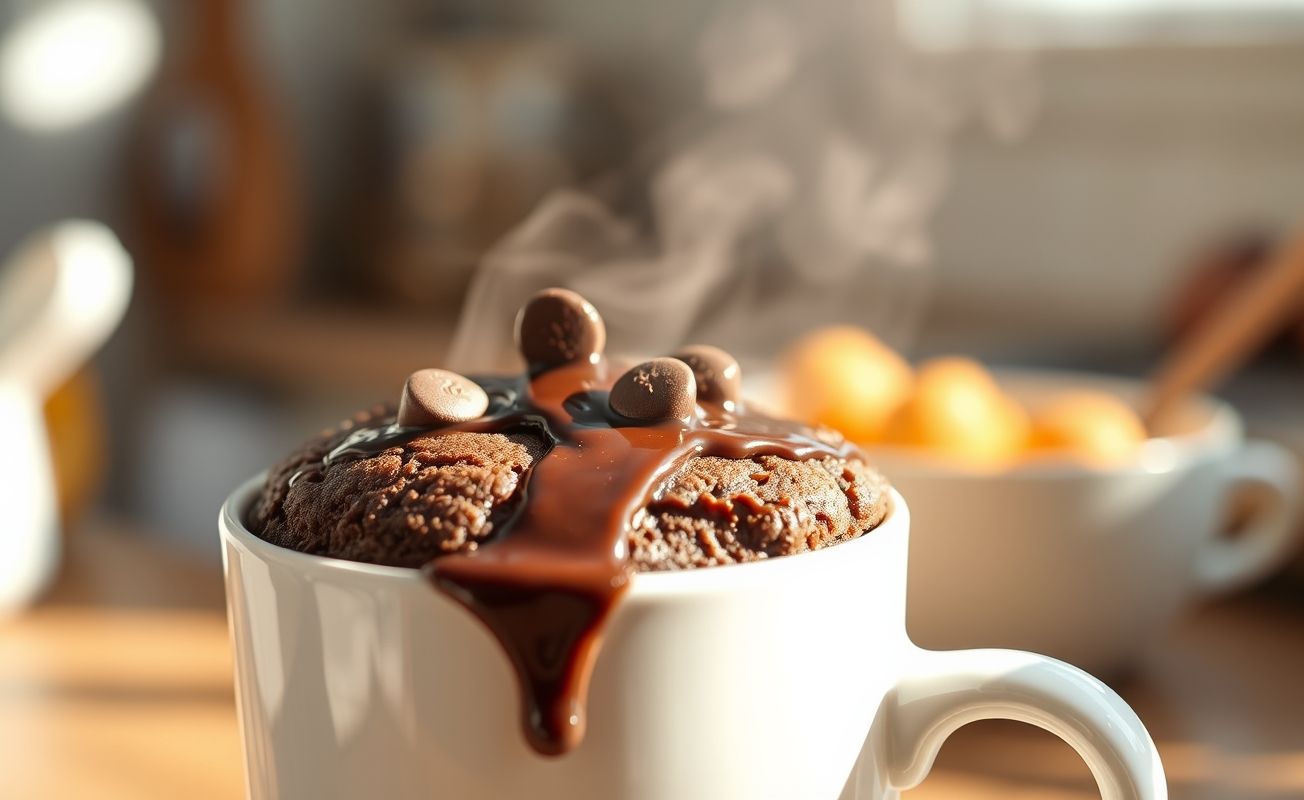 Bolo de caneca de chocolate fofinho em uma caneca branca, com calda e raspas de chocolate por cima
