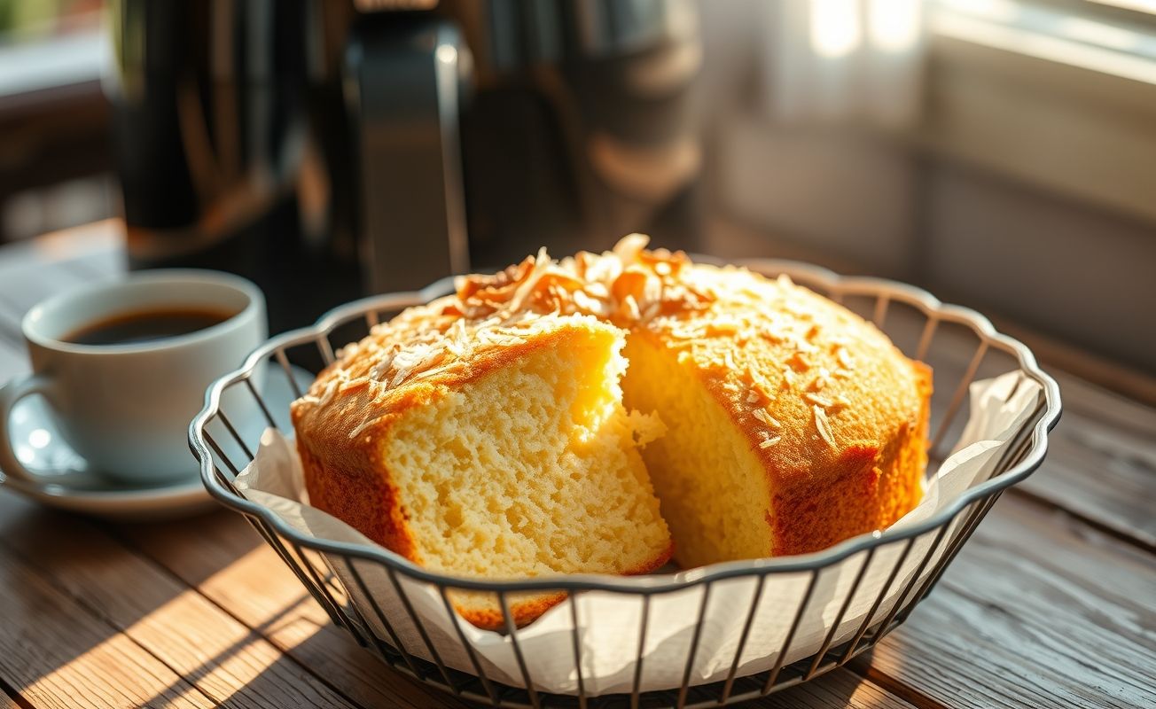 Bolo de Coco na Airfryer dourado e fofo, cortado ao meio mostrando textura úmida, decorado com coco ralado tostado