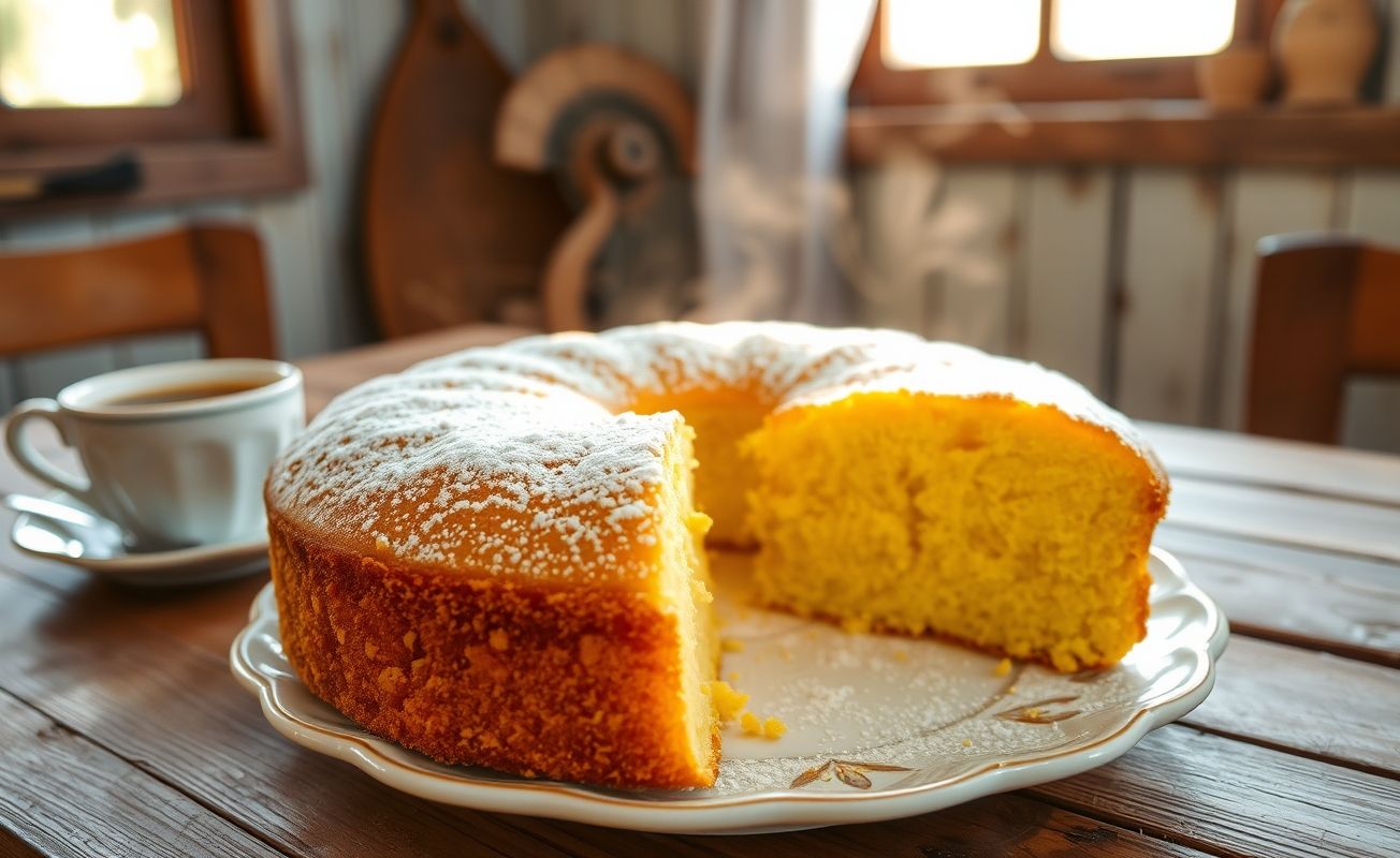 Bolo de Fubá dourado e fofo em um prato rústico, cortado para mostrar seu interior macio, polvilhado com açúcar.