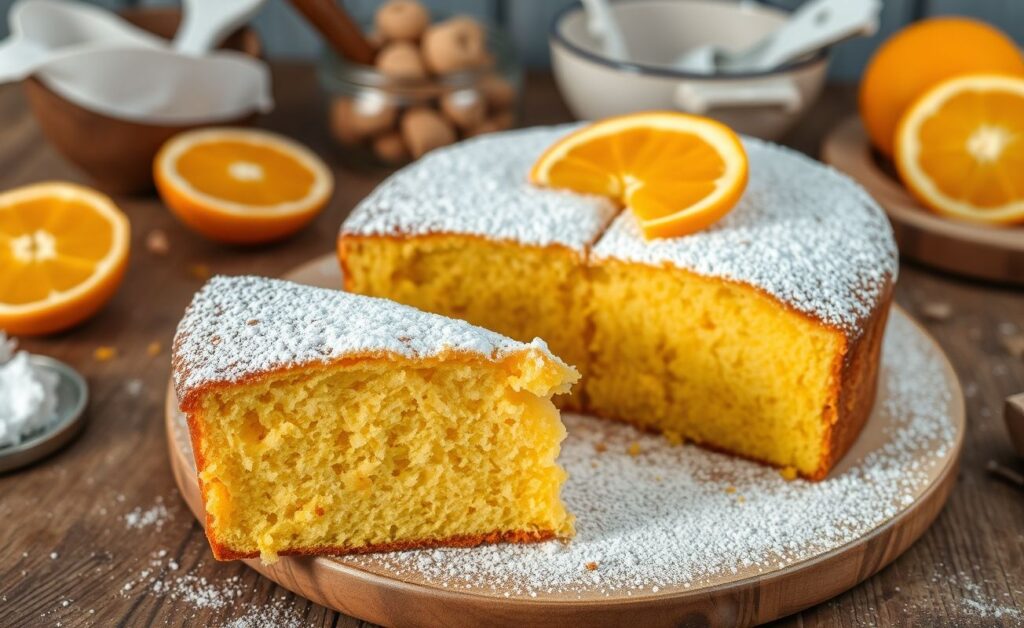 Bolo de laranja liquidificador dourado e fofo, cortado para mostrar o miolo macio, decorado com raspas de laranja e açúcar impalpável