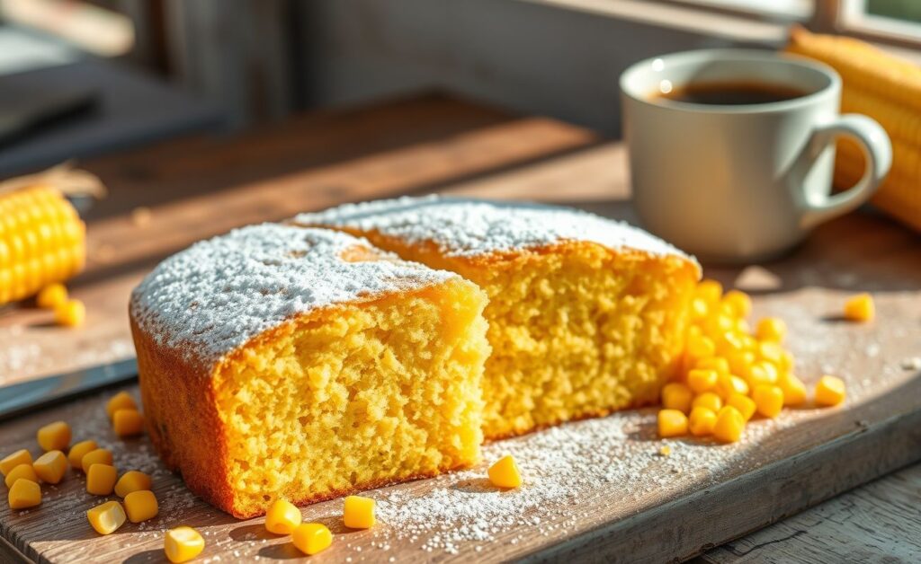 Bolo de Milho com Farinha de Milho dourado e úmido, cortado em fatias sobre tábua de madeira, decorado com açúcar de confeiteiro