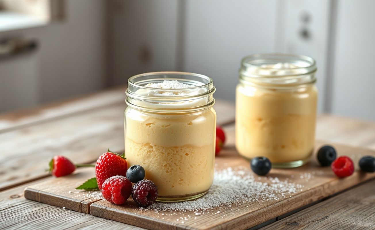 Bolo de Pote servido em potes individuais, com textura macia e decorado com frutas frescas.