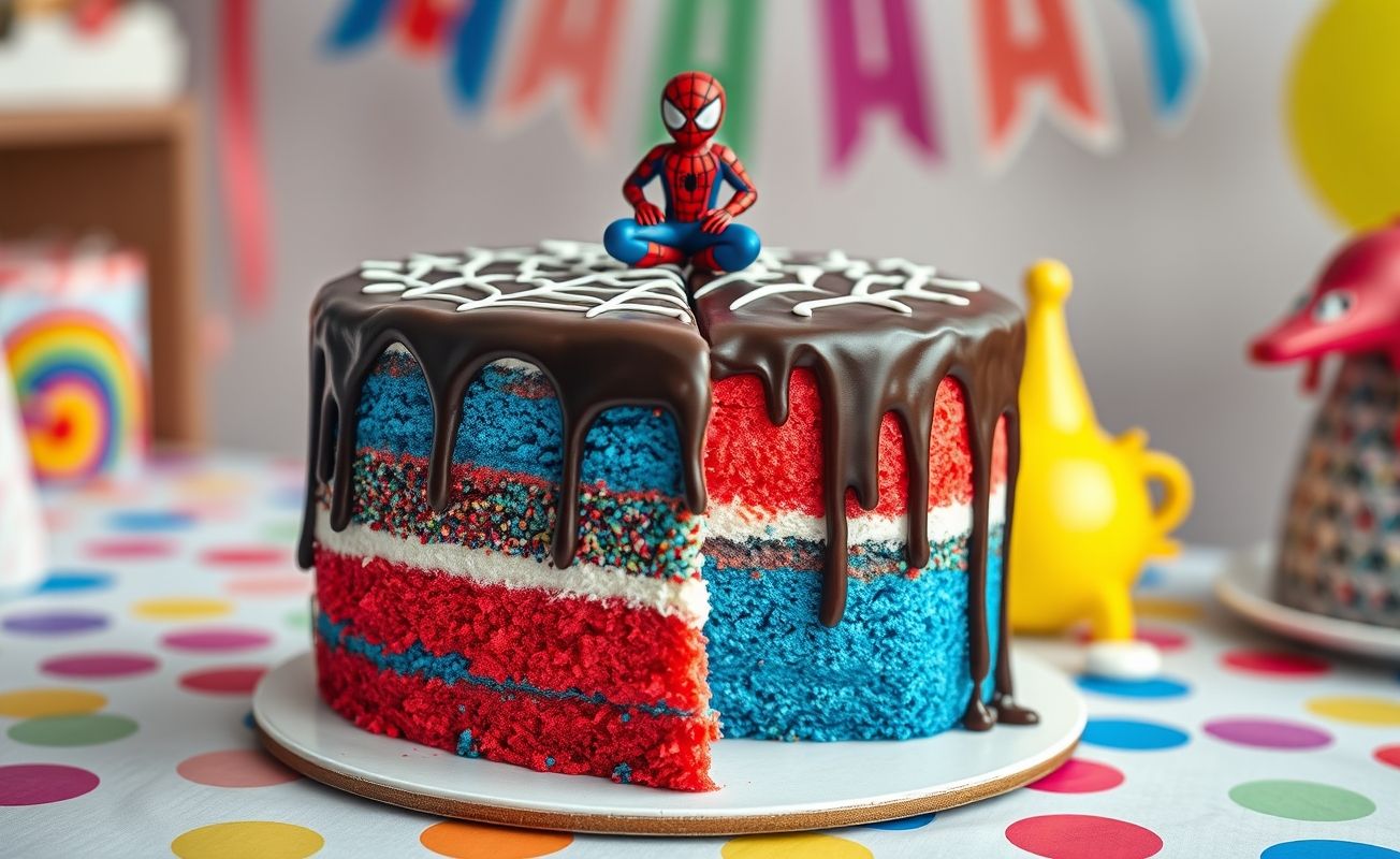 Bolo Homem Aranha decorado com camadas vermelhas e azuis, coberto com ganache de chocolate e detalhes de teia