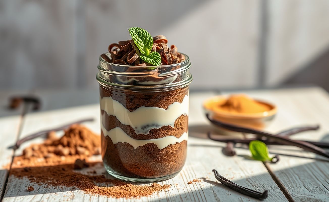 Bolo no pote em jarra de vidro mostrando camadas alternadas de bolo de chocolate e creme branco, decorado com raspas de chocolate