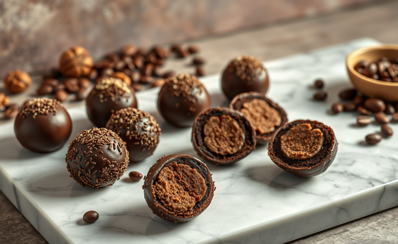Brigadeiros de confeitaria gourmet em prato de mármore, cobertos com granulado e nozes, mostrando textura cremosa e convidativa