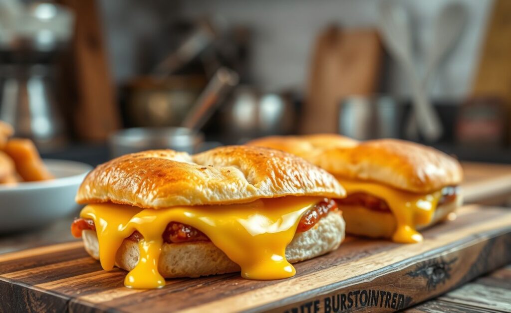 Buraco quente recém-saído do forno com queijo derretido saindo pelas laterais do pão dourado