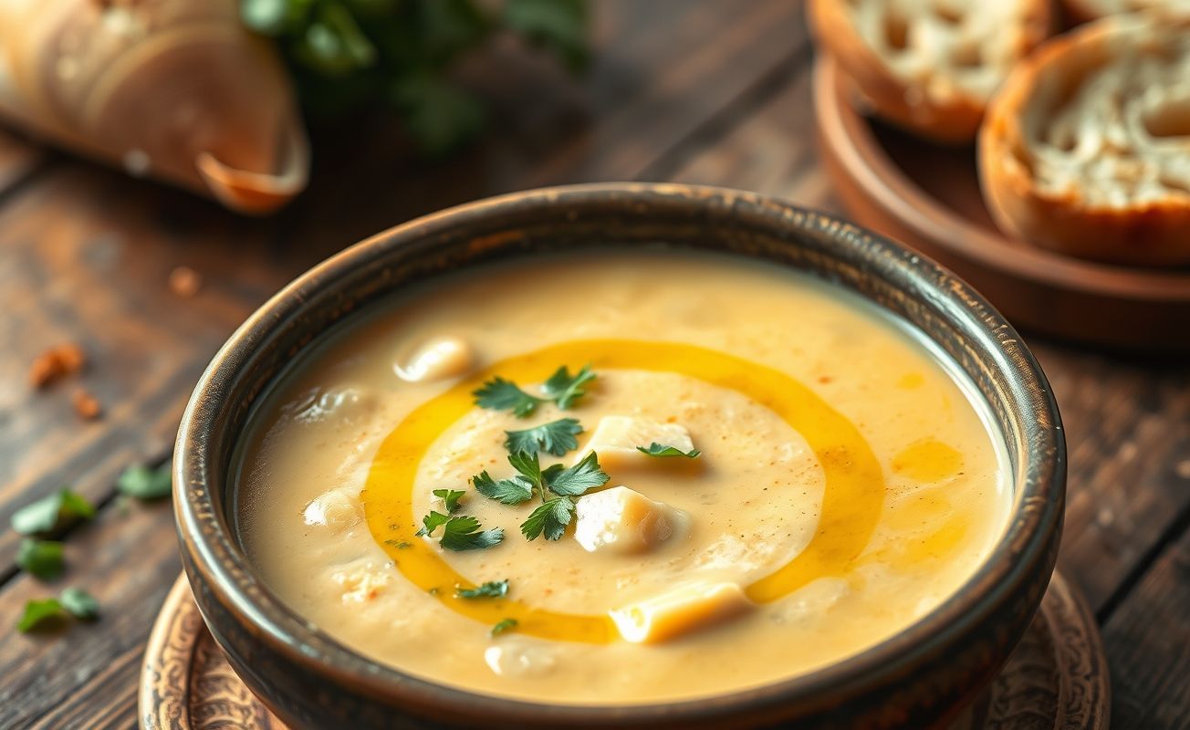 Bowl of creamy Brazilian cassava soup (caldo de mandioca) with visible soft cassava pieces, garnished with parsley and olive oil, served with bread on the side