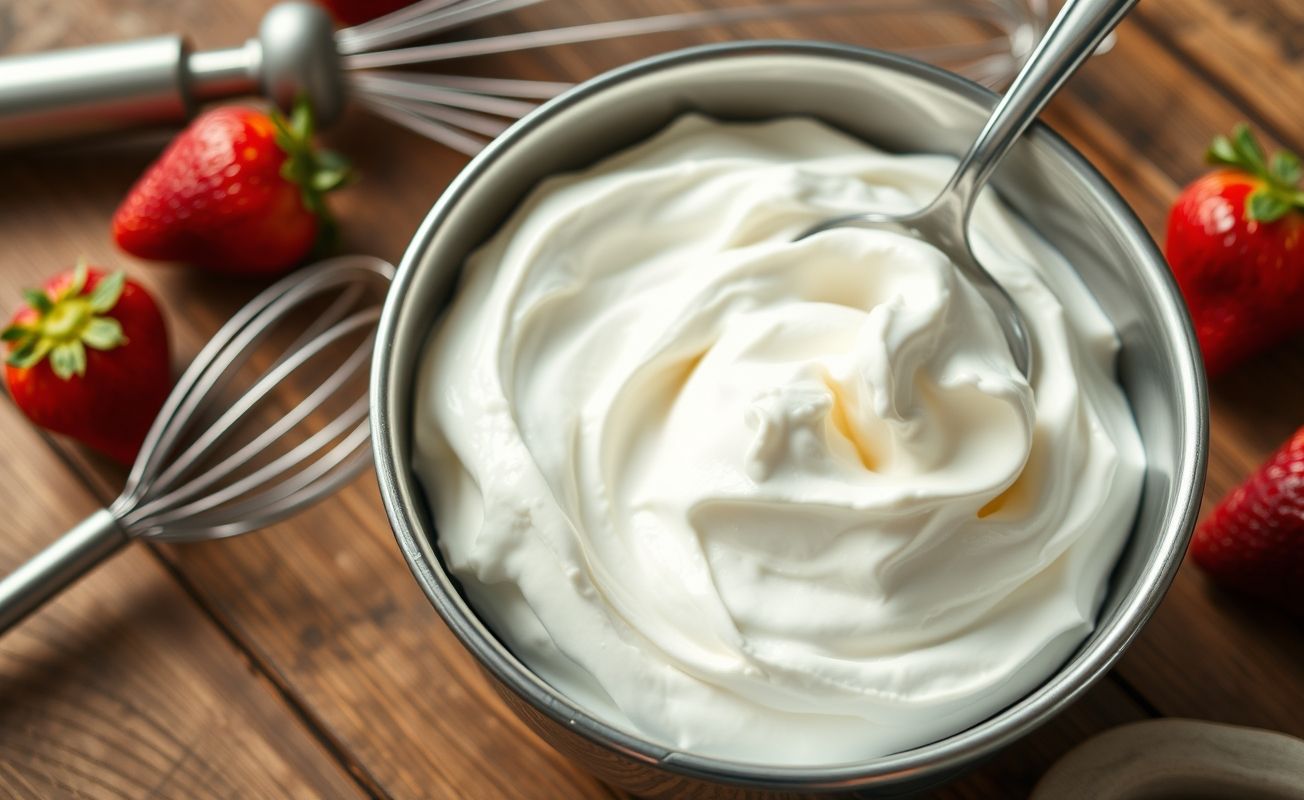 Chantilly caseiro cremoso feito com creme de leite de caixinha, branco e aerado, em uma tigela com colher servindo