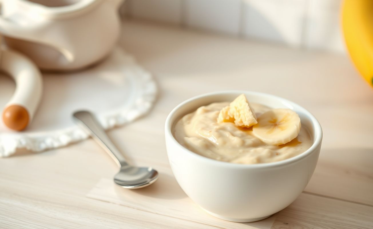 Mingau para bebê cremoso servido em tigela branca com banana amassada, perfeito para a alimentação infantil