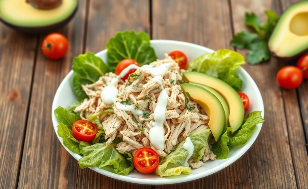 Salada cremosa de frango com abacate e iogurte - opção perfeita para dietas para emagrecer cardápio simples, com cores vibrantes e texturas variadas