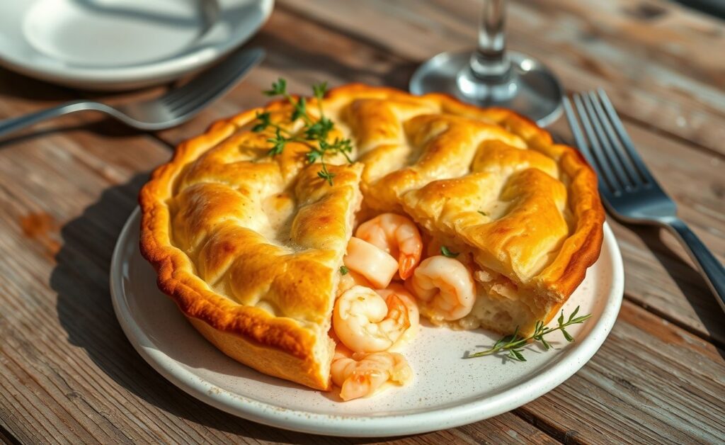 Empadão De Camarão assado com massa dourada e crocante, recheio cremoso visível com pedaços de camarão, decorado com ervas frescas