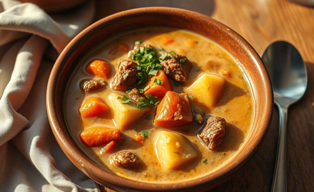 Receita de mocotó tradicional servida em tigela, com caldo cremoso, pedaços de carne, cenouras e batatas, decorada com salsa fresca.