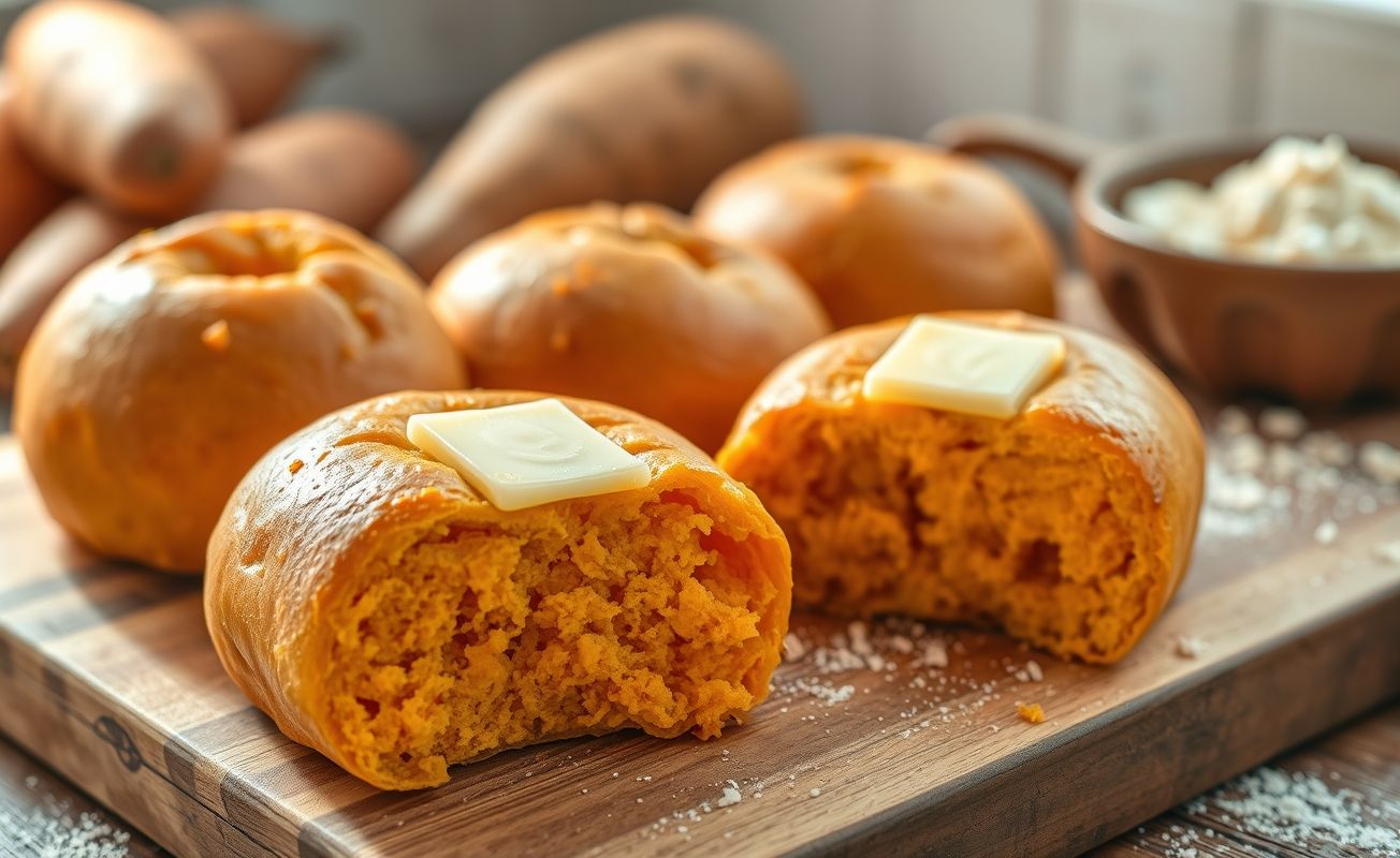 Pao De Batata Doce Na Air Fryer dourado e recém-saído da air fryer, cortado ao meio mostrando o interior macio, em cima de tábua de madeira