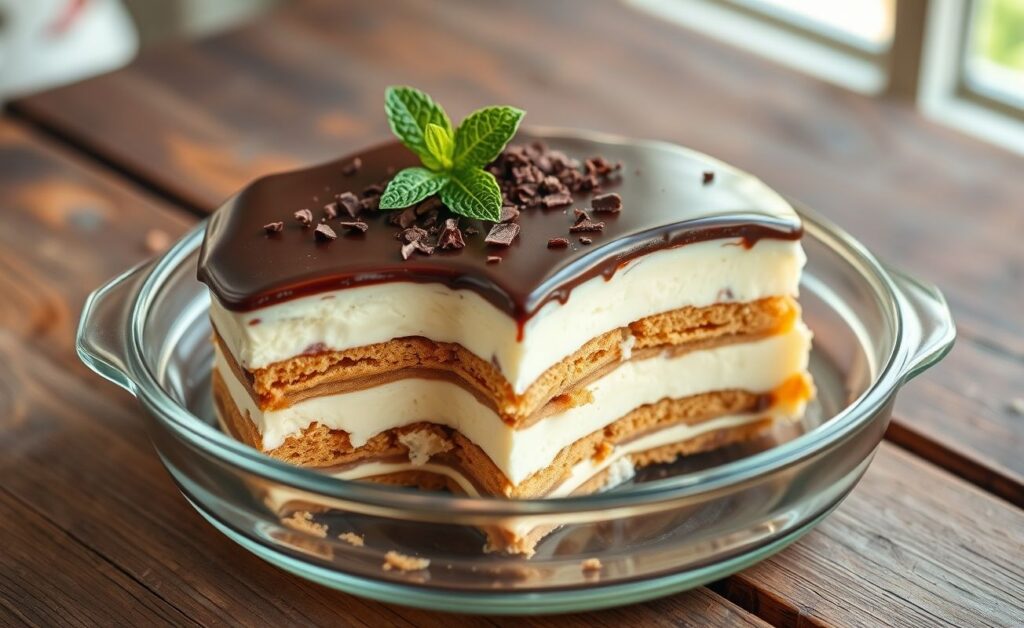 Pavê de Bolacha Maizena cremoso em camadas, coberto com chocolate derretido e decorado com raspas de chocolate