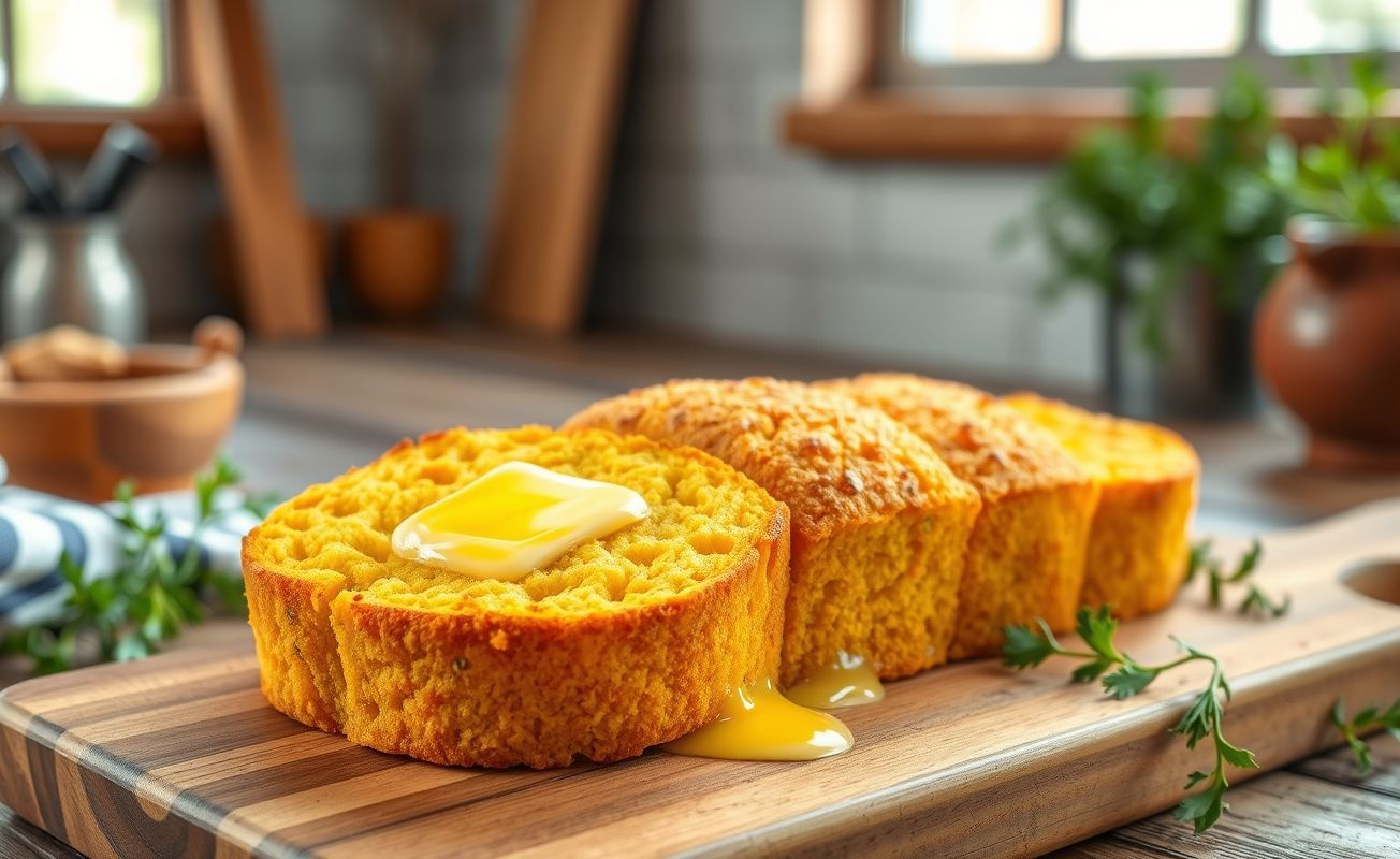 Pão De Flocão Na Air Fryer dourado e crocante servido em tábua de madeira com manteiga derretendo