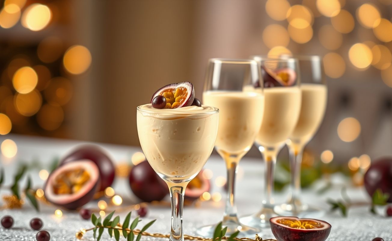 Mousse de maracujá cremoso servido em taça elegante, decorado com sementes frescas - sobremesas ano novo perfeitas para celebrações