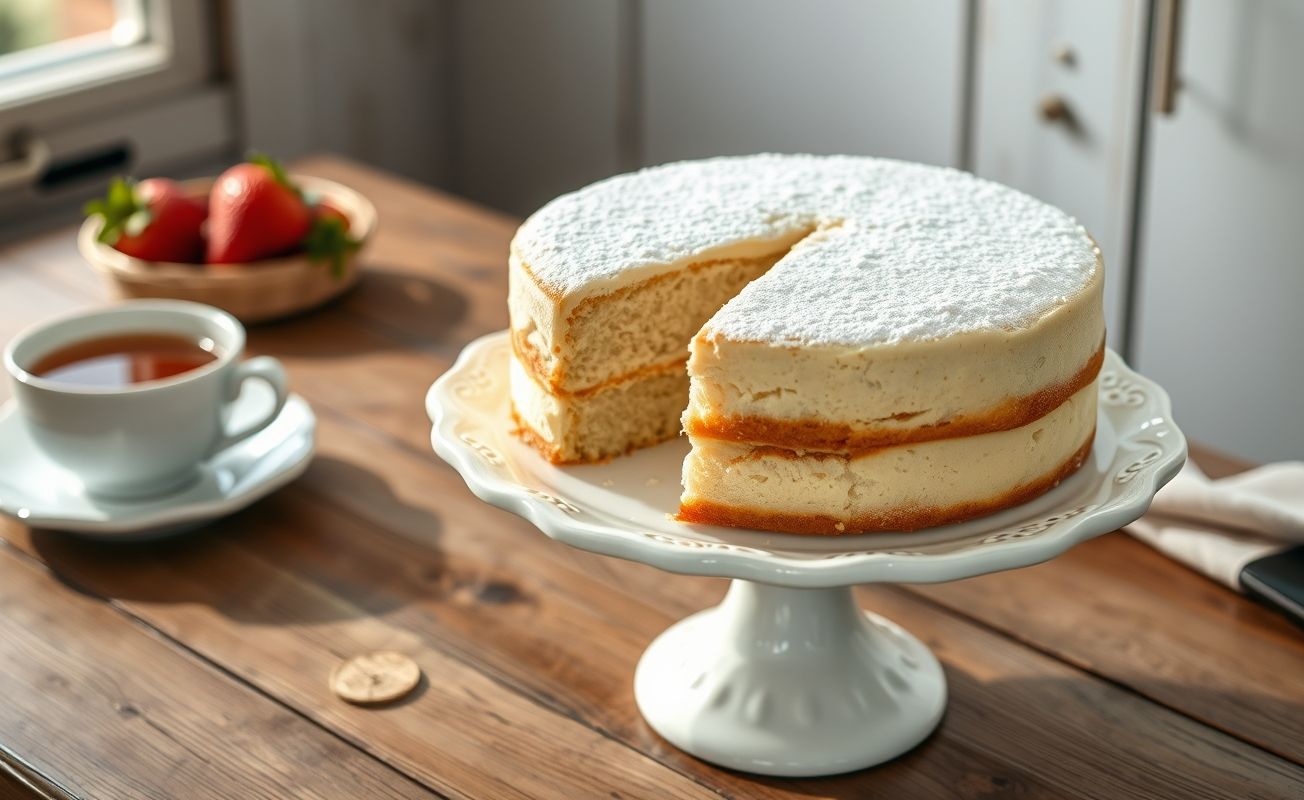Bolo Branco caseiro fofinho em cima de um pedestal, com açúcar de confeiteiro polvilhado e fatias mostrando seu interior macio e úmido.