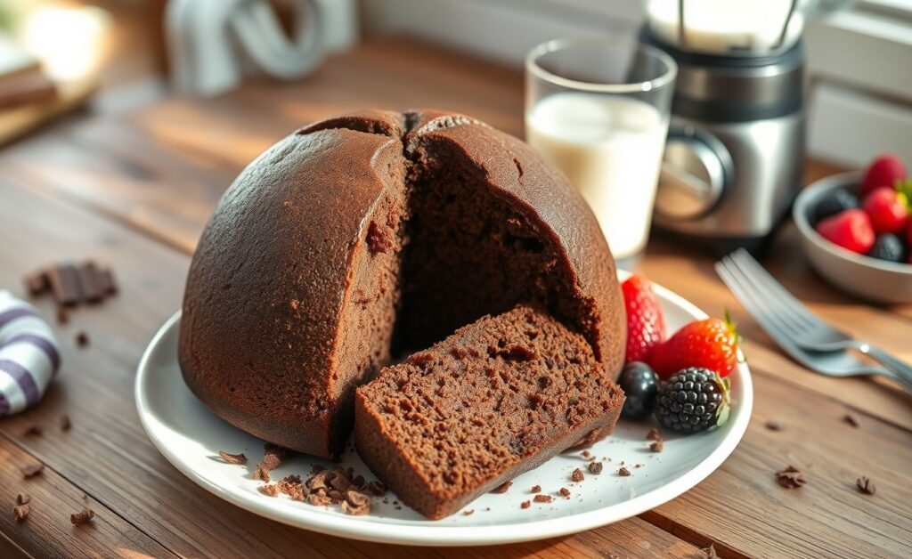 Bolo de Chocolate de Liquidificador recém-assado com textura fofinha, decorado com raspas de chocolate e morangos frescos em prato rústico