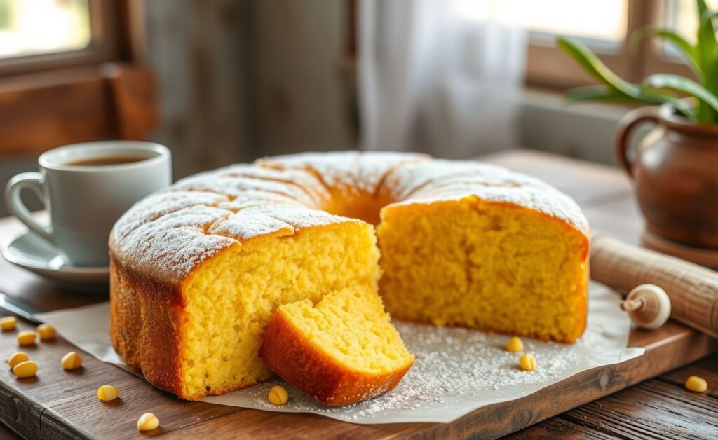 Bolo de fubá cremoso de liquidificador dourado e fatiado, mostrando seu interior macio, servido em mesa rústica com café