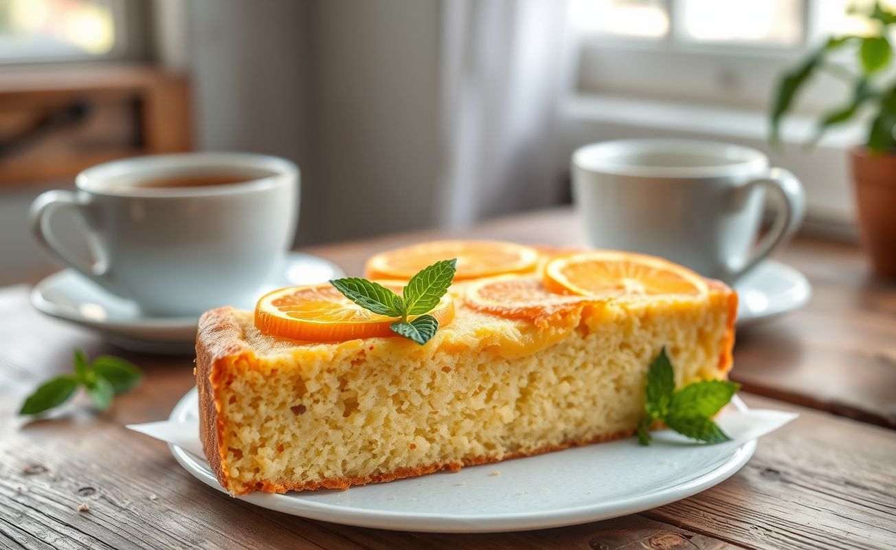 Fatia de Bolo De Iogurte Natural decorado com rodelas de laranja e folhas de hortelã, mostrando textura macia e úmida em prato rústico