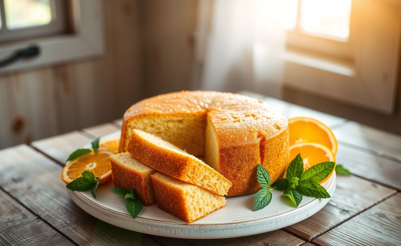Bolo de laranja de liquidificador dourado e fofo, decorado com fatias de laranja fresca em um prato branco sobre mesa rústica