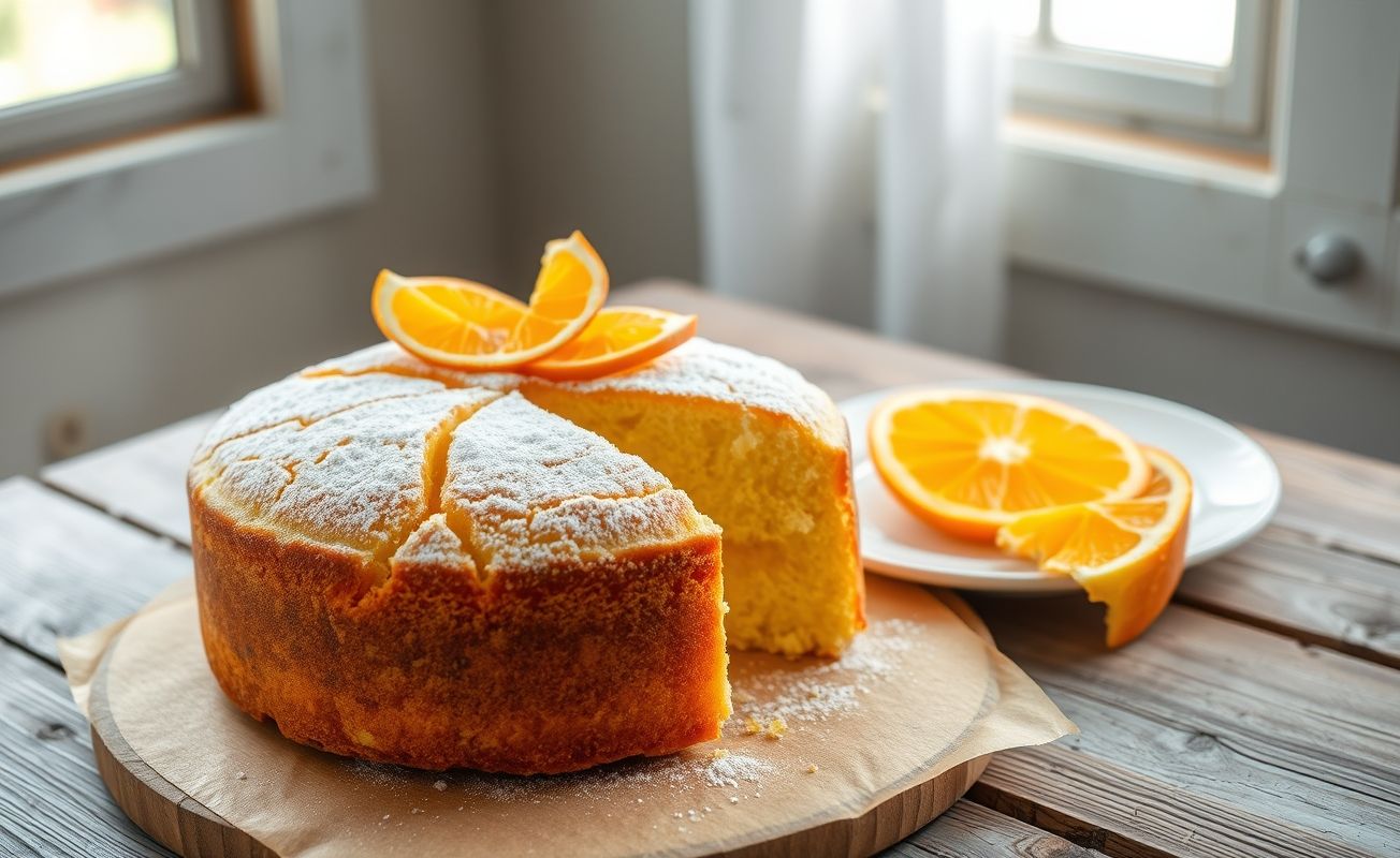 Bolo de Laranja no Liquidificador dourado com casca crocante e interior macio, decorado com fatias de laranja caramelizadas