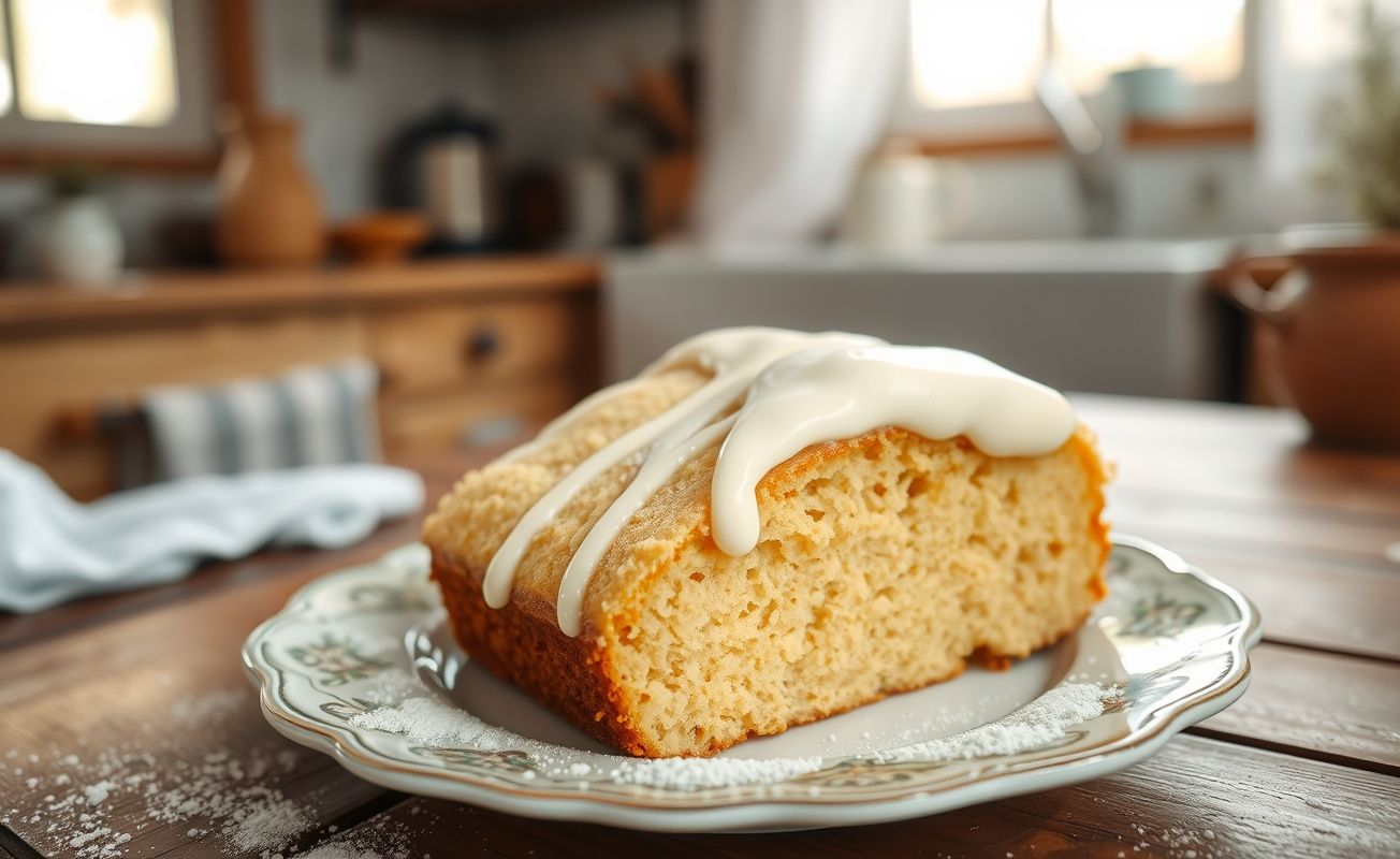 Fatia generosa de Bolo de Leite Ninho com cobertura cremosa branca, servida em prato vintage sobre mesa rústica