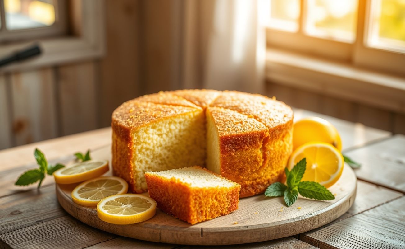 Bolo de limão simples cortado mostrando massa amarela clara e fofa, decorado com raspas e fatias finas de limão em cima.