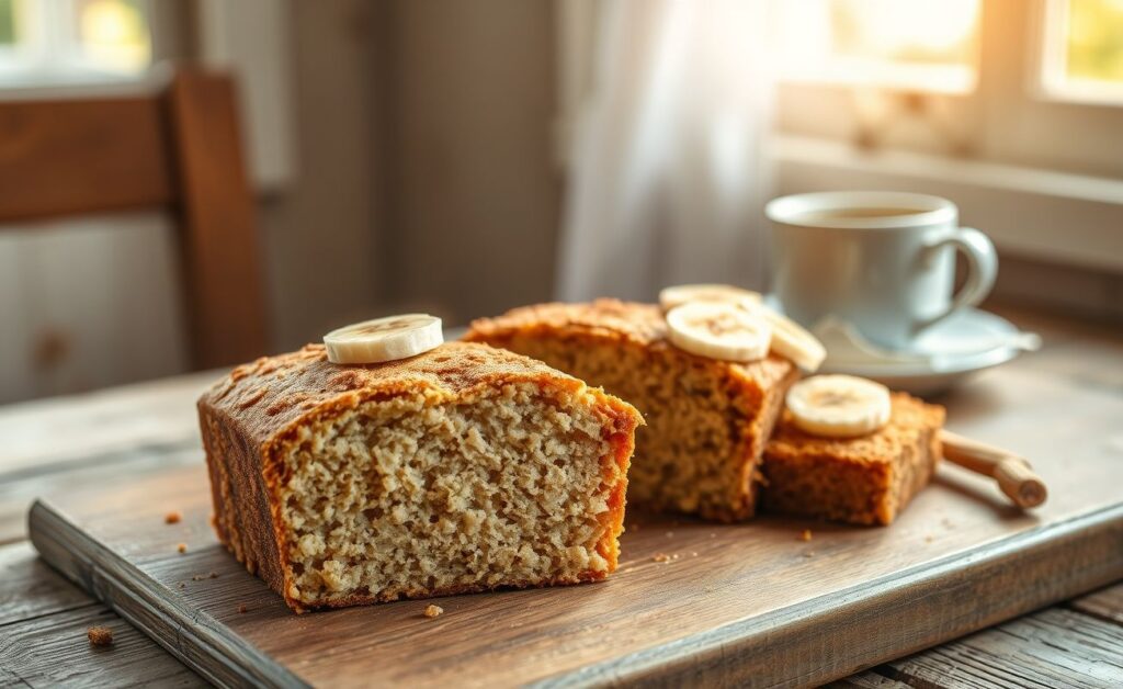 Bolo diet de banana e aveia cortado, mostrando textura macia, decorado com rodelas de banana e canela em pó