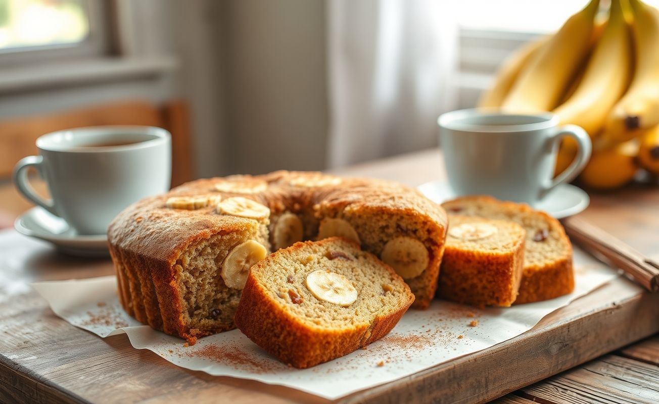 Bolo vegano de banana e canela cortado, mostrando seu interior macio, decorado com rodelas de banana e canela em pó