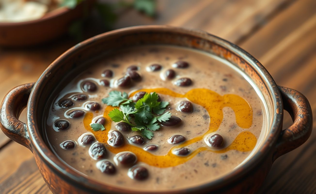 Tigela de caldo de feijão cremoso servido quente, decorado com cheiro-verde fresco e azeite, em fundo rústico