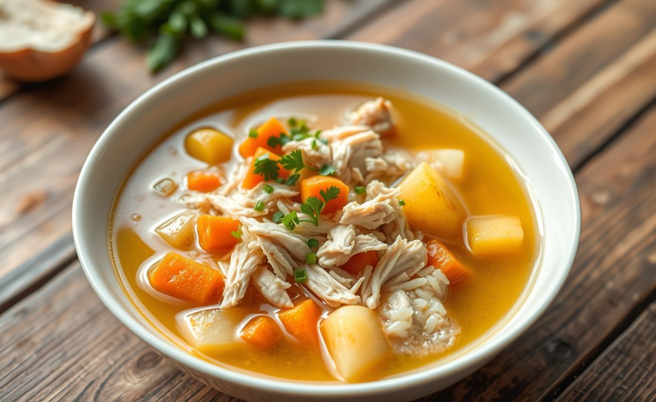 Tigela de canja de galinha com caldo dourado, pedaços de frango desfiado, legumes em cubos e arroz, decorada com ervas frescas