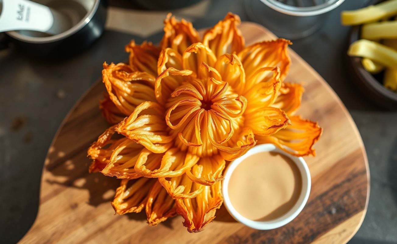 Cebola Outback frita dourada em formato de flor servida com molho cremoso em tábua de madeira