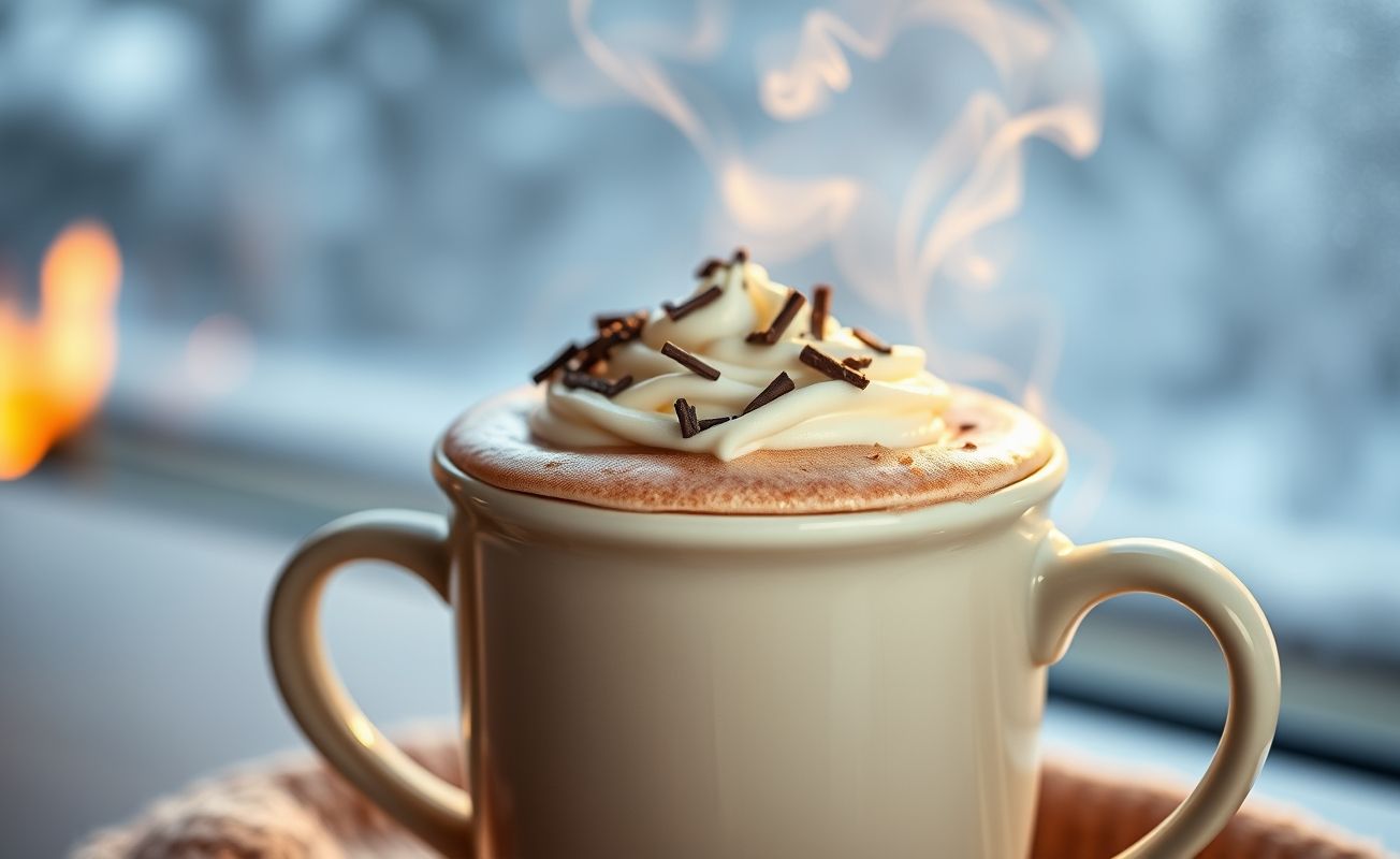 Caneca de Chocolate Quente cremoso com chantilly e raspas de chocolate, vapor saindo da bebida em um ambiente aconchegante