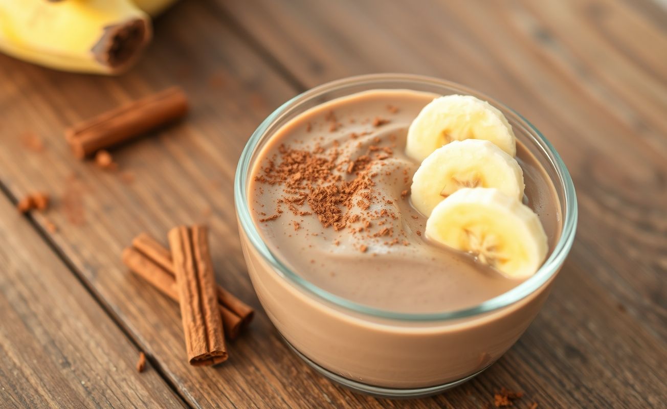 Doce fit de banana com cacau cremoso servido em tigela, decorado com rodelas de banana e canela em pó