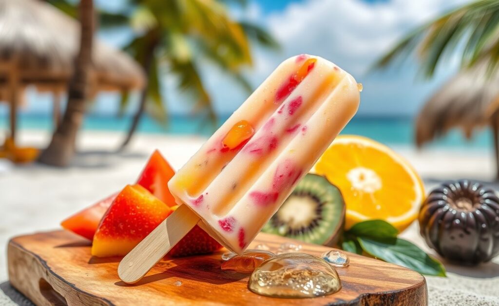 Geladinho Gourmet cremoso com pedaços de frutas visíveis, servido em ambiente tropical com gotas de condensação