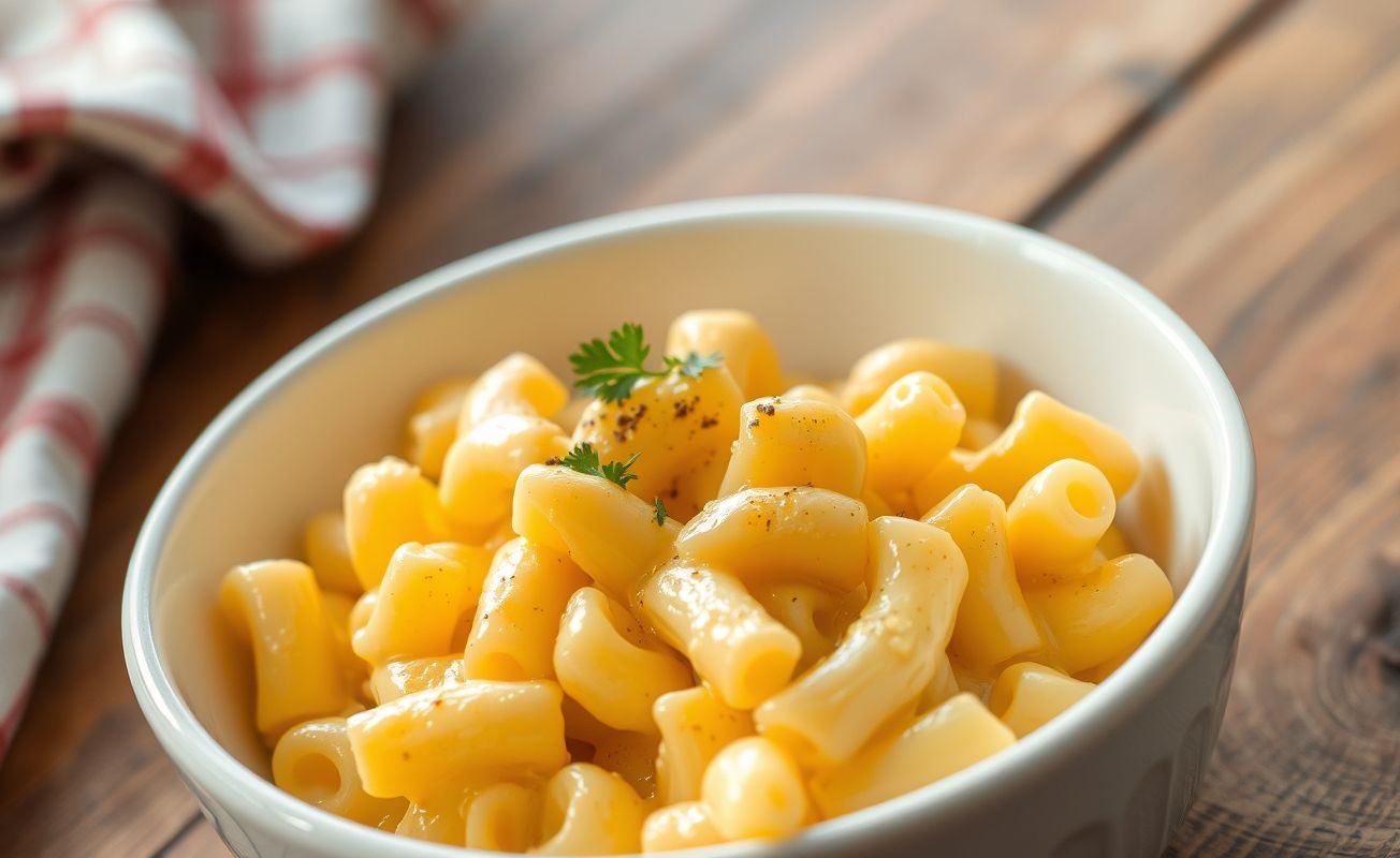 Macarrão com queijo cremoso em uma tigela branca, com molho dourado e pedacinhos de queijo derretido visíveis, decorado com salsa fresca