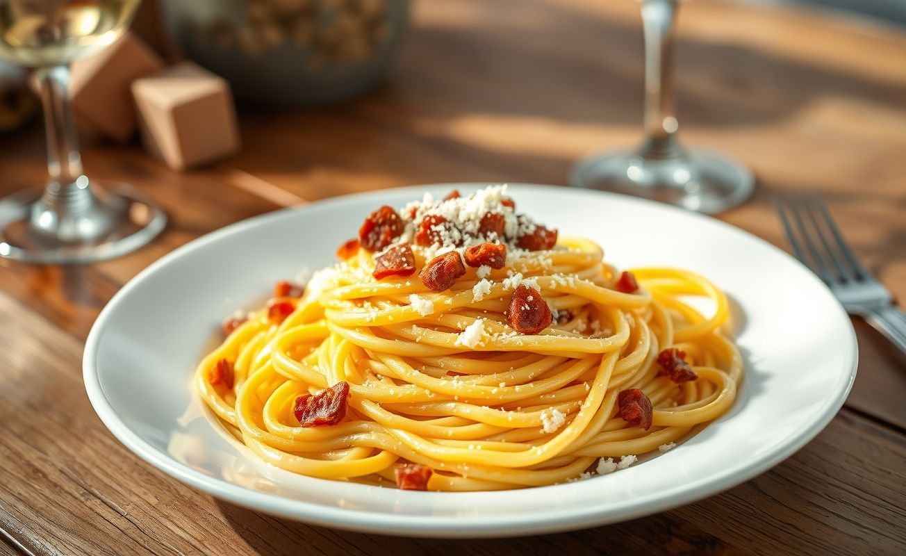 Prato de massa carbonara cremosa com spaghetti coberto por molho de ovos e queijo pecorino, decorado com pedaços crocantes de pancetta