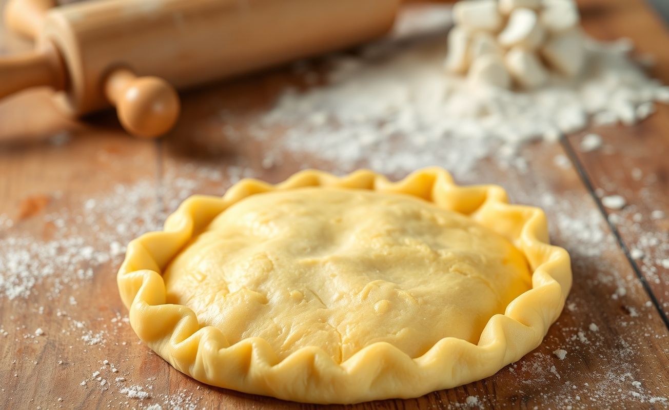 Massa de torta salgada crocante e dourada, assada em forma redonda, com textura perfeita para recheios variados.