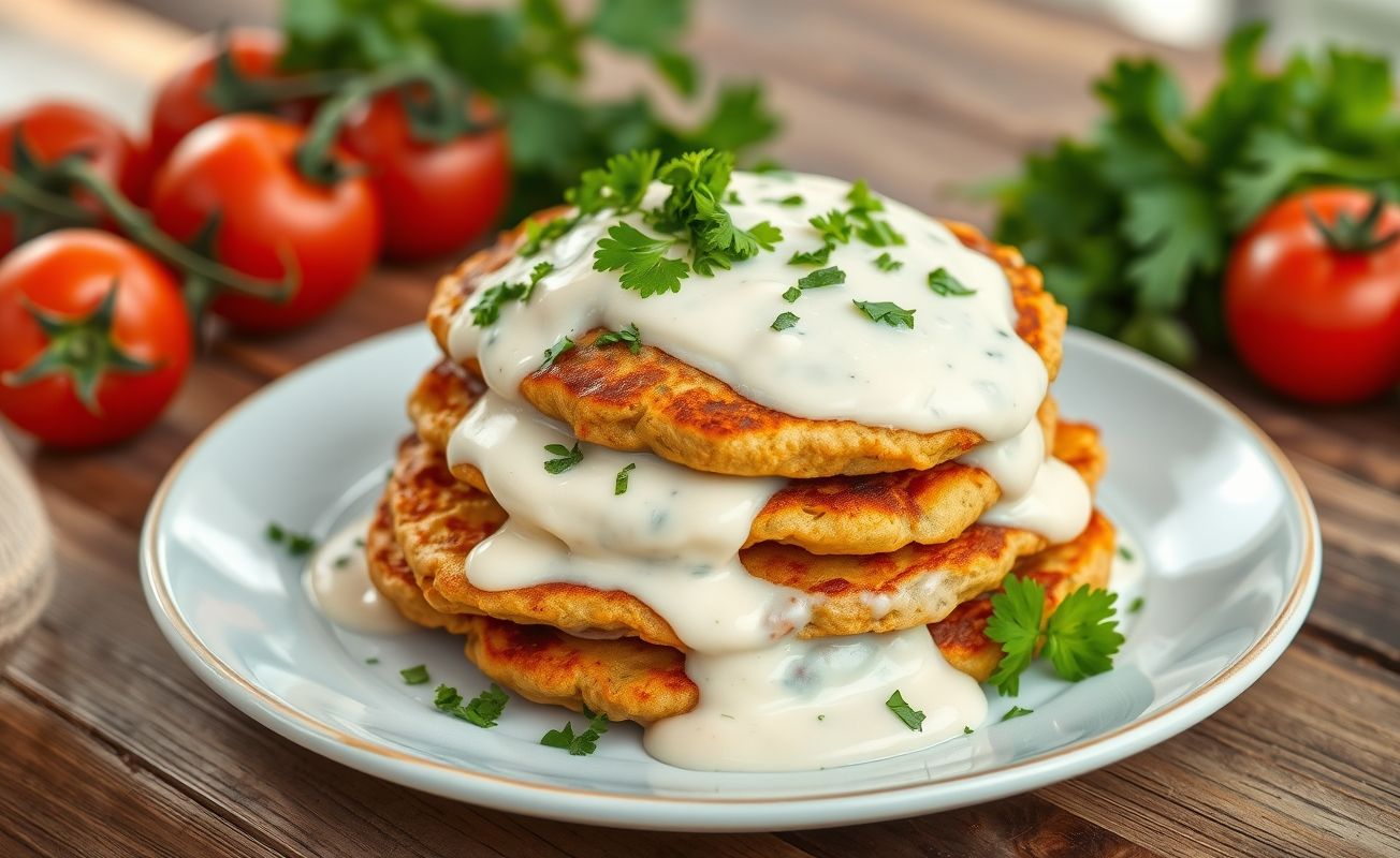 Panqueca de Carne servida em camadas com molho branco cremoso, decorada com salsa fresca em um prato branco sobre mesa rústica