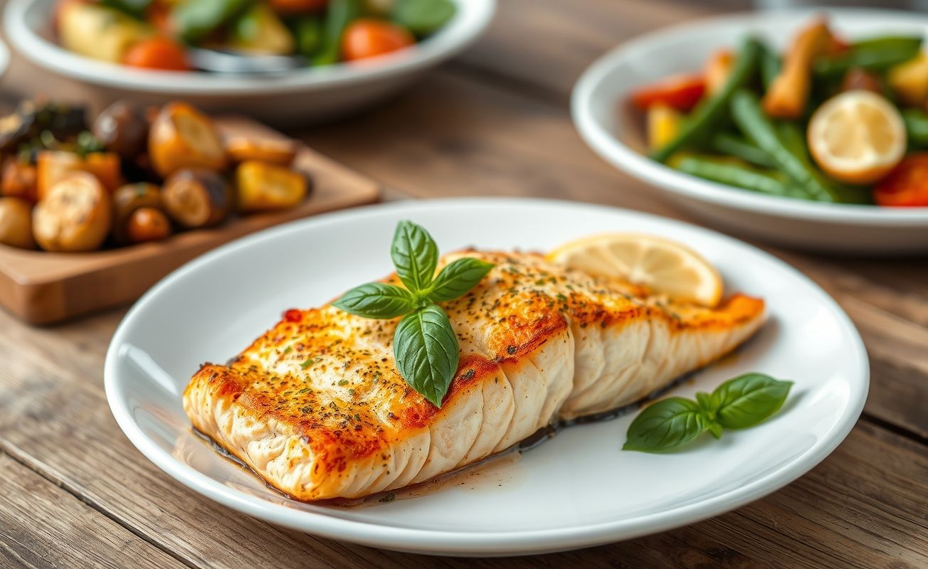 Salmão no forno assado com crosta dourada, decorado com manjericão fresco e fatias de limão, servido em prato branco